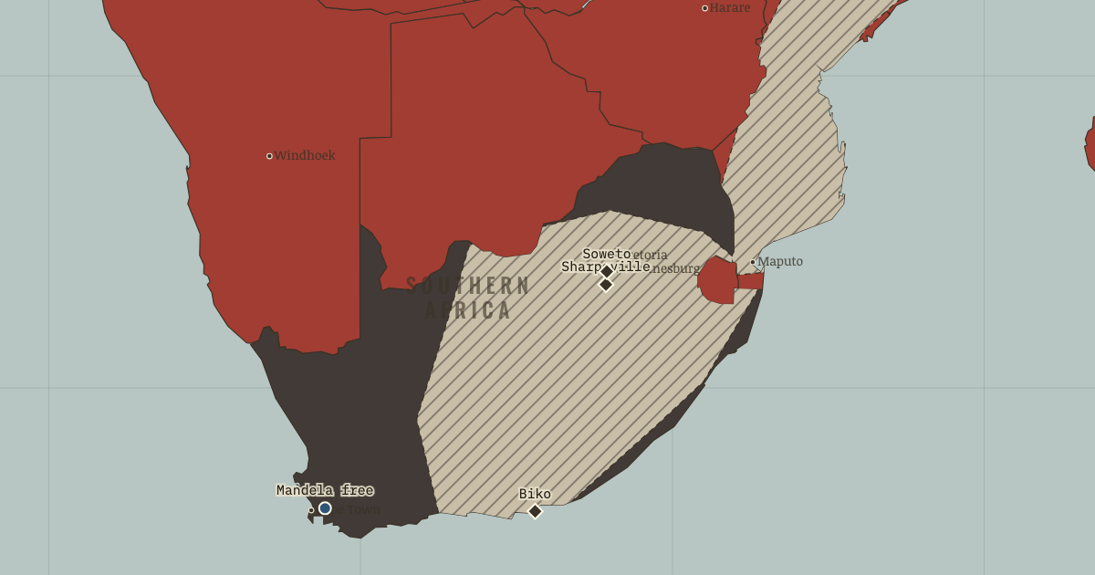 Map of Apartheid in South Africa (Mar 1990): Sharpeville, Soweto, Steve Biko, Mandela walks free