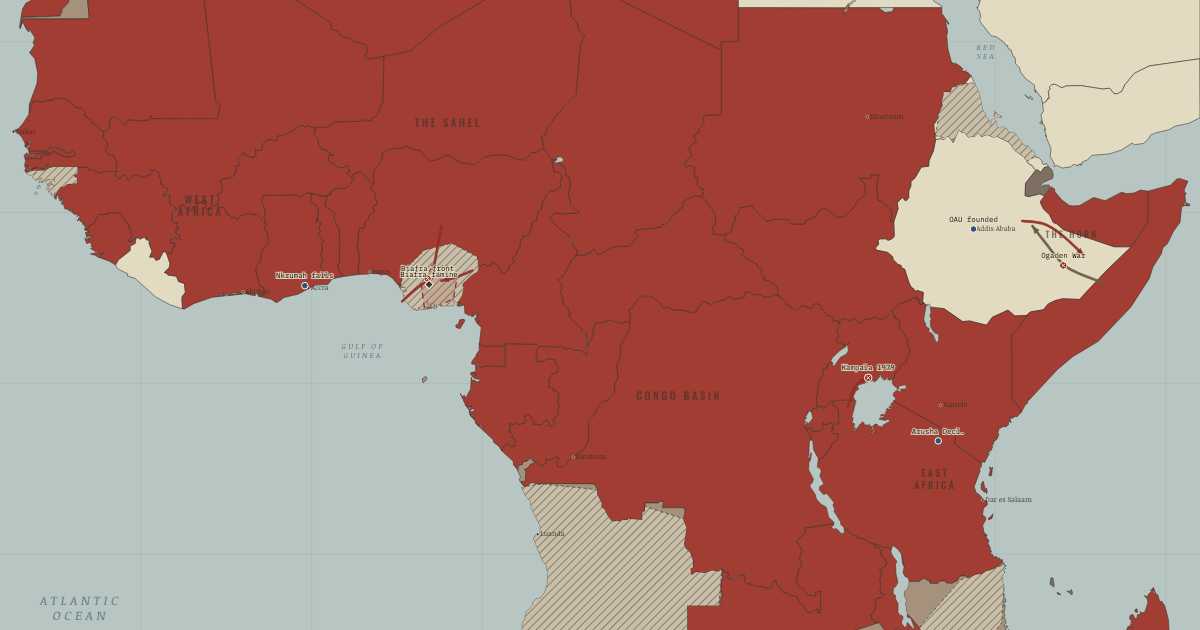 Map of Africa after independence (Jan 1967): The OAU is founded, The Arusha Declaration, Nkrumah overthrown, The Biafran front, Biafra — the Uli airlift
