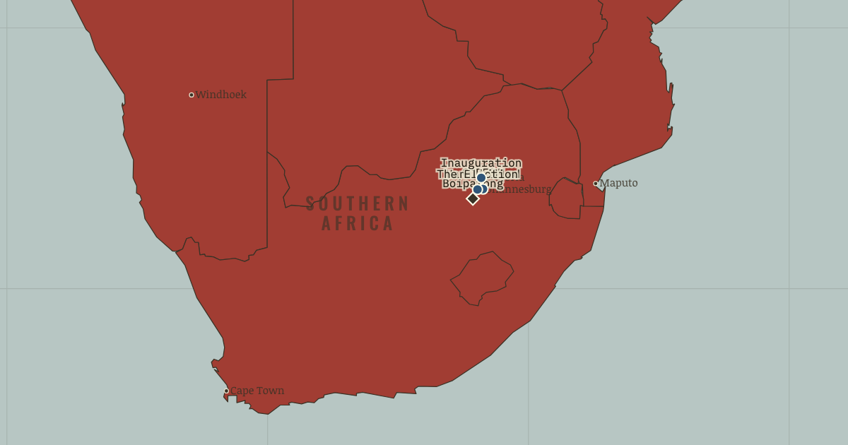 Map of End of apartheid (Apr 1994): CODESA — the negotiated revolution, Boipatong, The Hani assassination, The election — 27 April 1994, Pretoria — the inauguration
