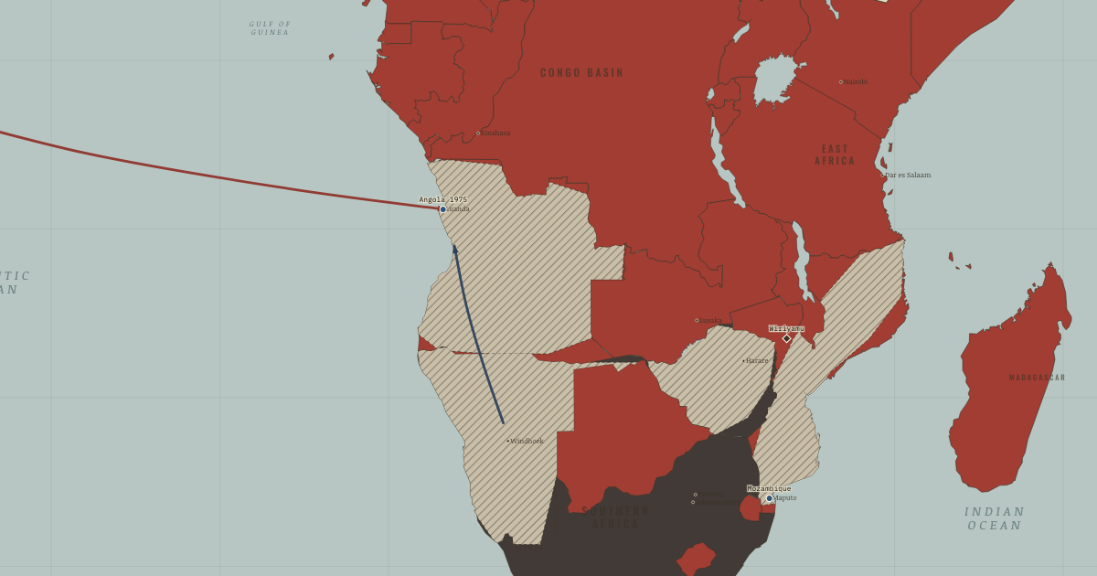 Map of Portuguese Colonial War (Aug 1975): Guinea-Bissau declares, Amílcar Cabral, Wiriyamu, Luanda — Angola, and instant war, Maputo — Mozambique is free