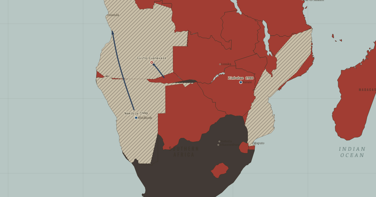 Map of Rhodesia, Zimbabwe and Namibia (Apr 1980): Harare — Zimbabwe, Cuito Cuanavale, Windhoek — Namibia’s long wait ends