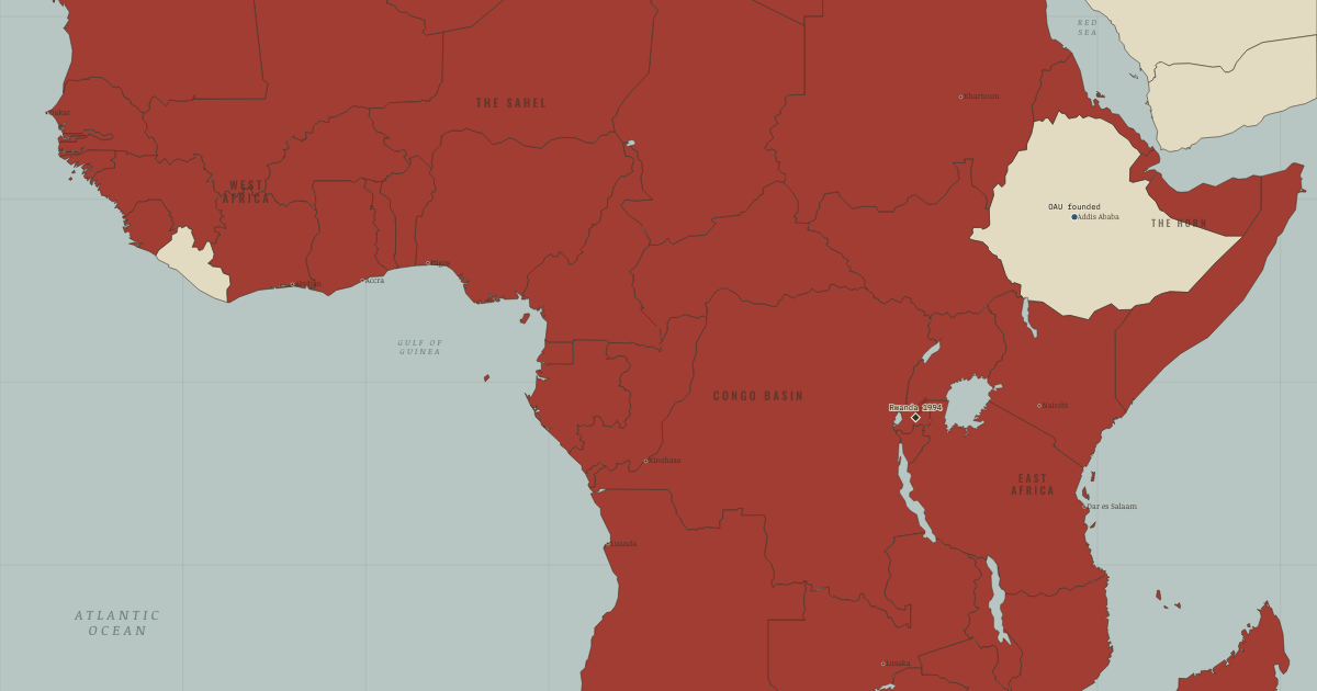 Map of Legacy of decolonization in Africa (Jul 1994): Pretoria — the inauguration, Kigali, April 1994, The OAU is founded