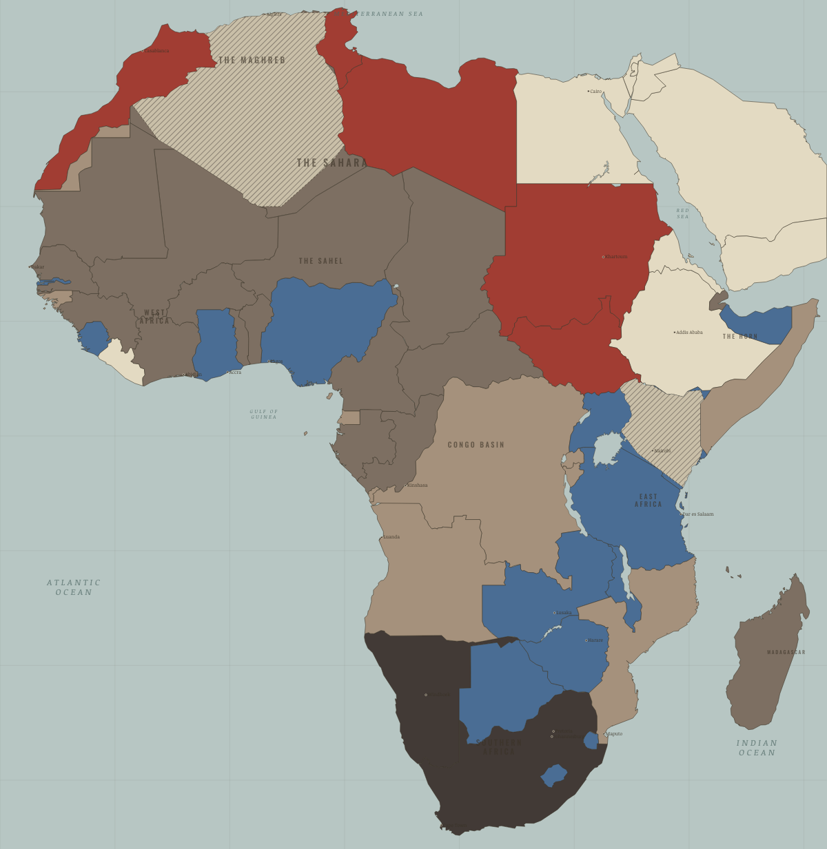 Map of Africa in MAR 1956: Sudan, Tunisia, Morocco