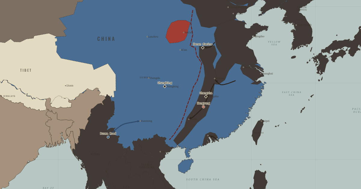 Map of Sino-Japanese War stalemate (1944): The bombing of Chungking, The Changsha fire, The Burma Road, Hengyang, The Henan famine