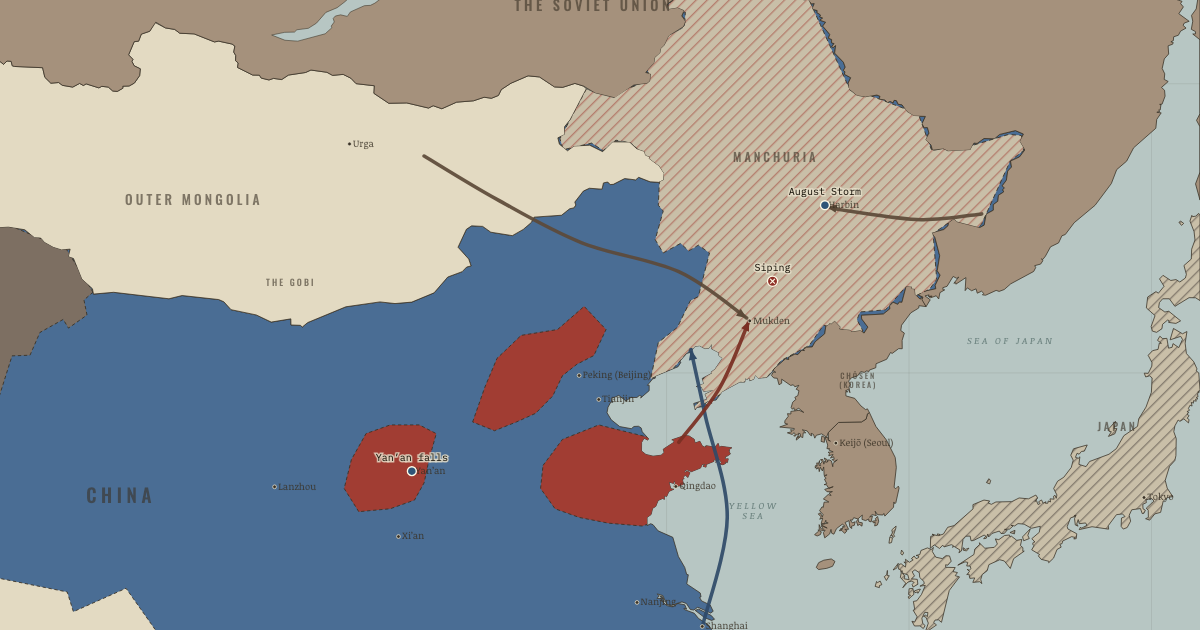 Map of Chinese Civil War (1945–47) (1946): August Storm, The Chungking talks, Siping, Yan’an falls