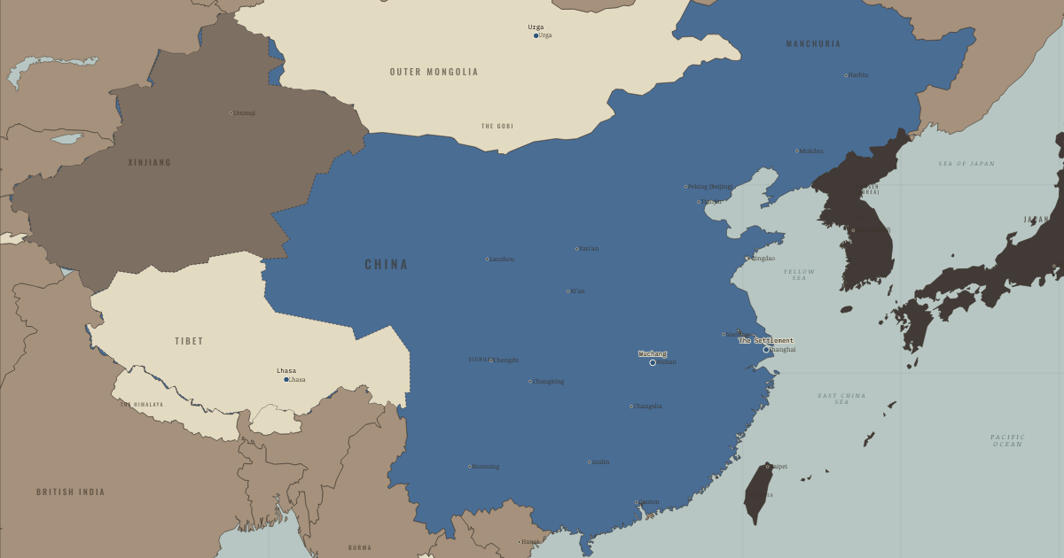 Map of Xinhai Revolution of 1911 (1911): The Wuchang rising, The International Settlement, Mongolia leaves, Tibet expels the garrison