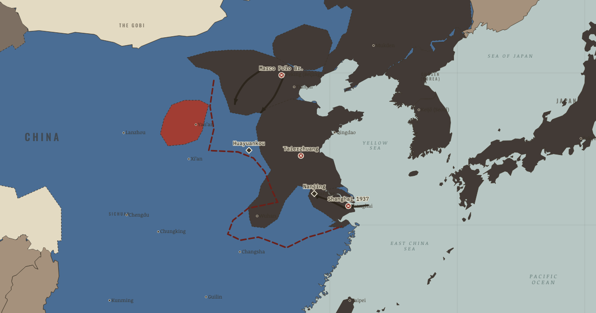 Map of Second Sino-Japanese War (1937–38) (1938): Marco Polo Bridge, Shanghai, 1937, Nanjing, Taierzhuang, The Yellow River flood