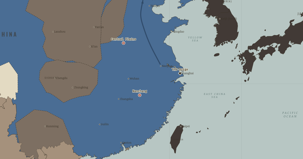 Map of Shanghai purge and Nanjing decade (1929): The Shanghai purge, The Nanchang rising, Huanggutun, The Central Plains War