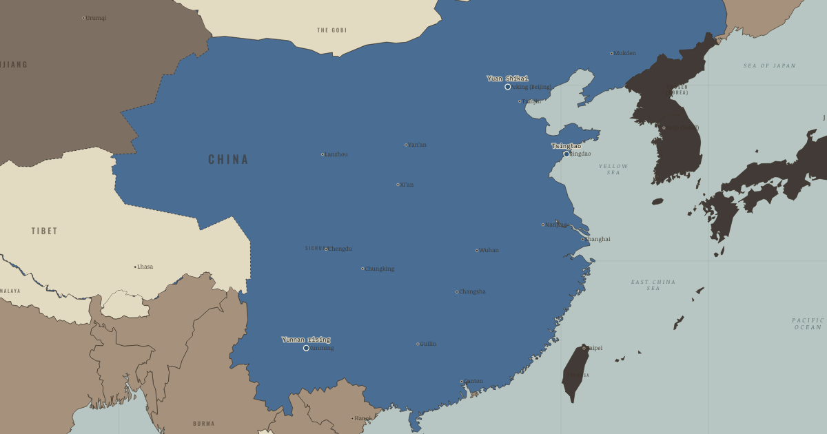 Map of Yuan Shikai and the early republic (1915): Yuan Shikai’s republic, Tsingtao taken, The National Protection War