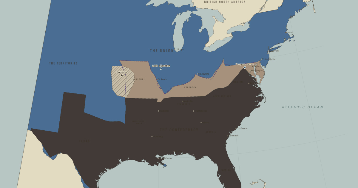 Map of Causes of the American Civil War (Jan 1861): Harpers Ferry, Lawrence, Kansas, Lincoln elected