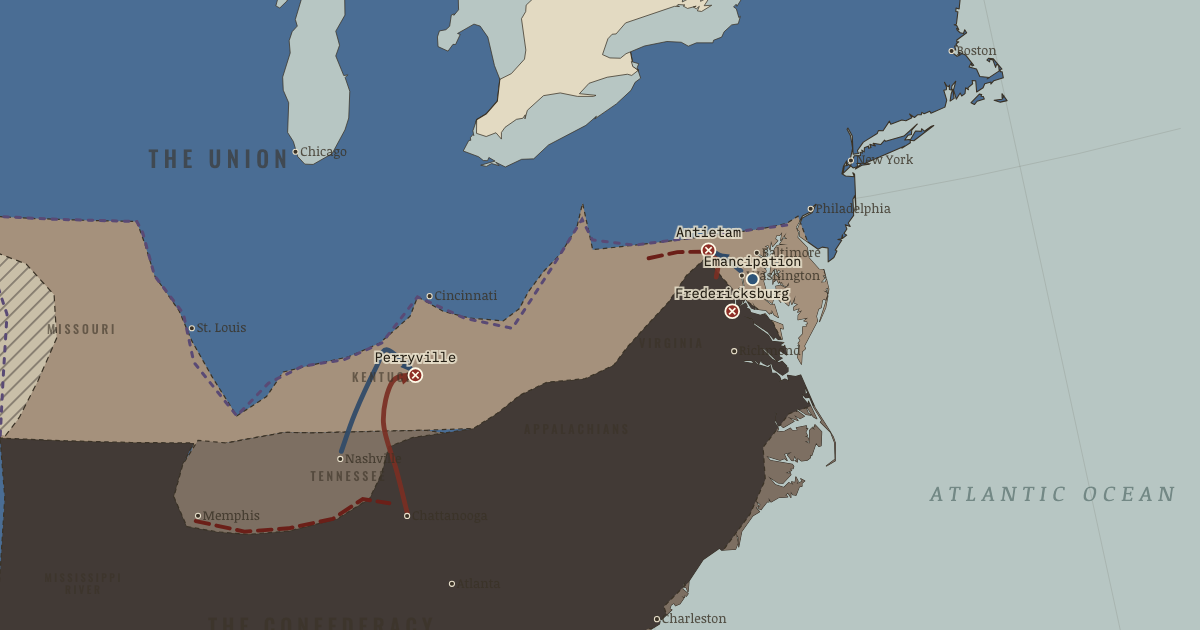 Map of Antietam and emancipation (Sep 1862): Antietam, Perryville, Fredericksburg, The Emancipation Proclamation