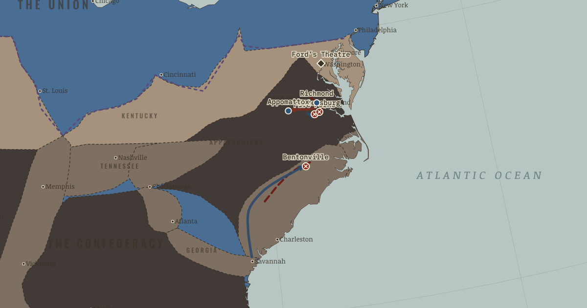 Map of Appomattox and the end of the war (Apr 1865): Bentonville, Five Forks, Petersburg, Richmond, Appomattox Court House