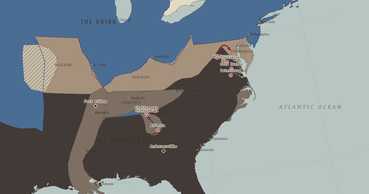 Map of Overland and Atlanta campaigns (Jul 1864): Chickamauga, Chattanooga, The Wilderness, Spotsylvania, Cold Harbor