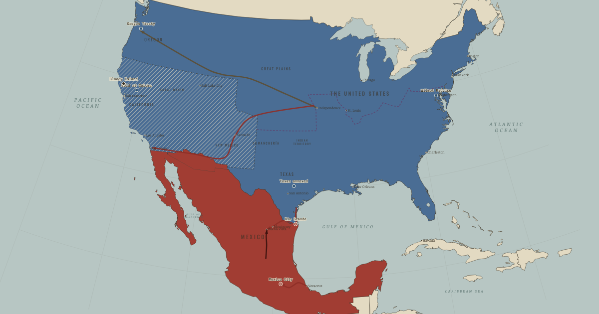 Map of Mexican–American War (Jul 1848): Texas annexed, The Oregon Treaty, The Rio Grande, The Wilmot Proviso, Mexico City