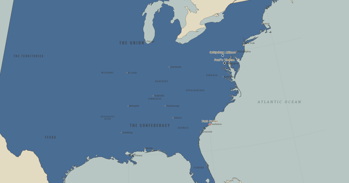 Map of Legacy of the Civil War (Dec 1865): The Gettysburg Address, Fort Sumter, Ford’s Theatre