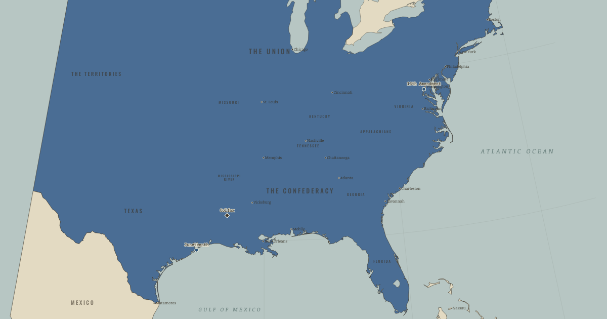 Map of Reconstruction era (Nov 1865): The Thirteenth Amendment, Juneteenth, Colfax