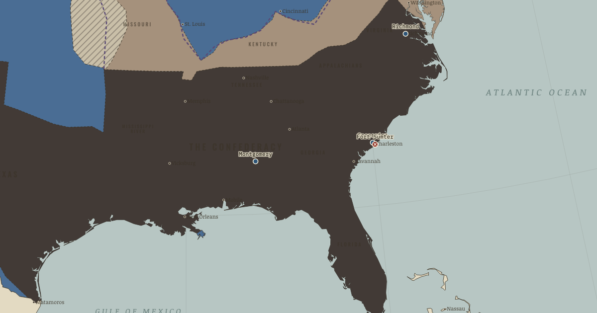 Map of Secession crisis and Fort Sumter (Apr 1861): Secession, The Confederacy founded, Fort Sumter, Richmond
