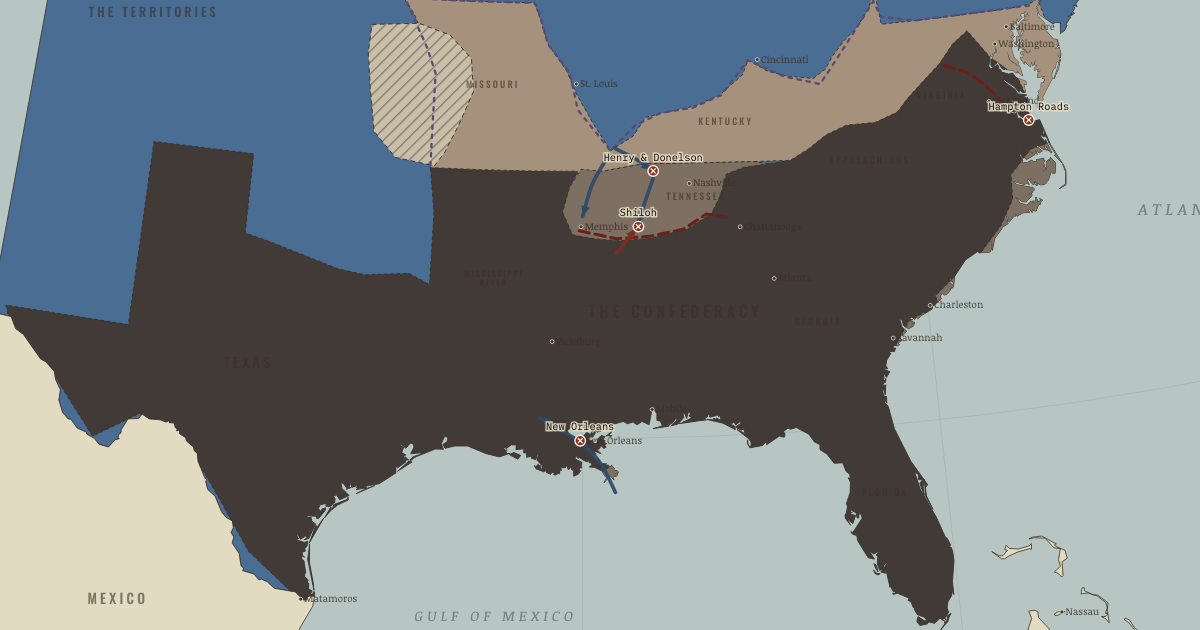 Map of Anaconda Plan and the river war (Apr 1862): Forts Henry & Donelson, Shiloh, New Orleans, Hampton Roads