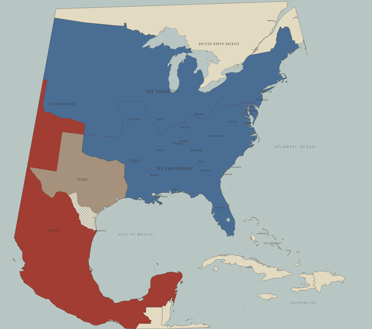 Map of the United States in 1840: A continent of rival claims. Colours show The Union, Mexico, 1840–54.