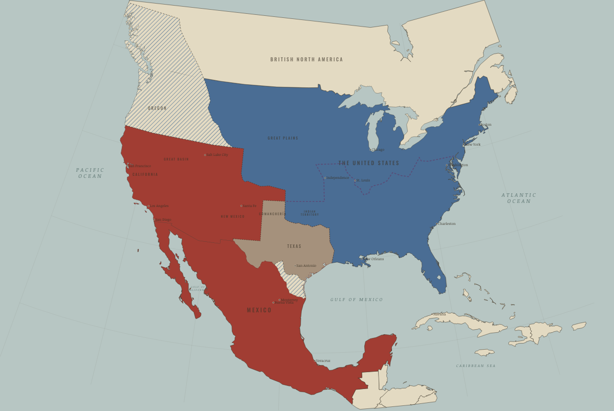 Map of North America in 1840: A continent of rival claims. Colours show The Union, Mexico, 1840–54.