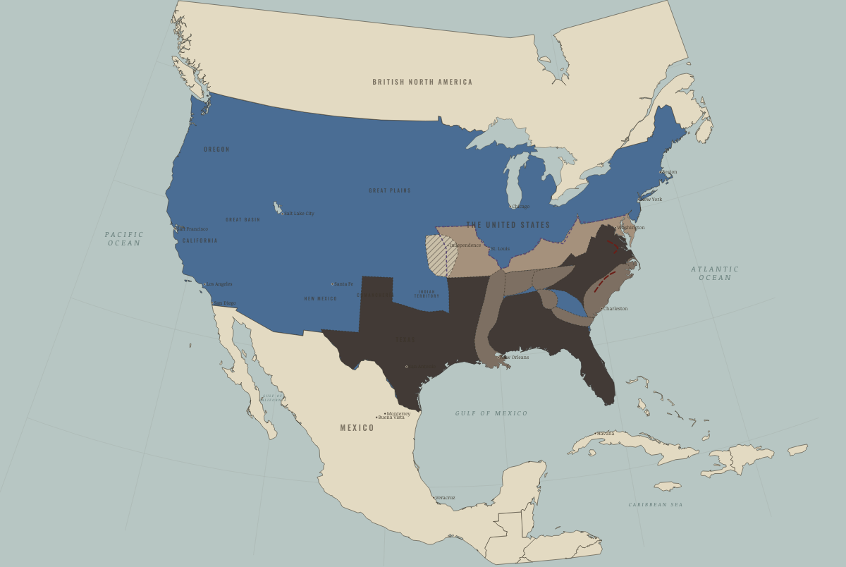 Map of North America in April 1865 (Civil War): Petersburg, Richmond, Appomattox. Colours show The Union.