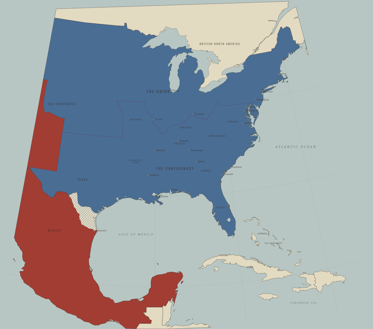 Map of the United States in December 1845: Texas annexed. Colours show The Union, Mexico, 1840–54.