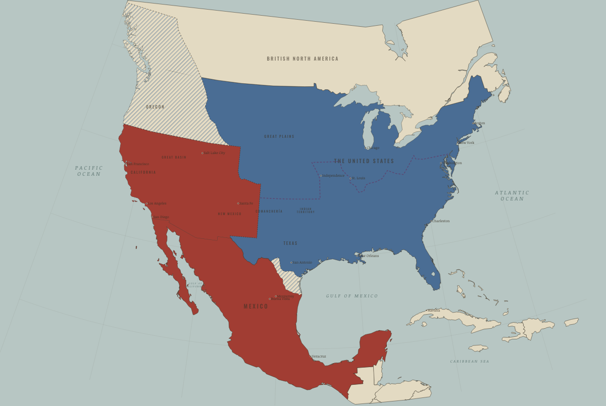 Map of North America in December 1845: Texas annexed. Colours show The Union, Mexico, 1840–54.