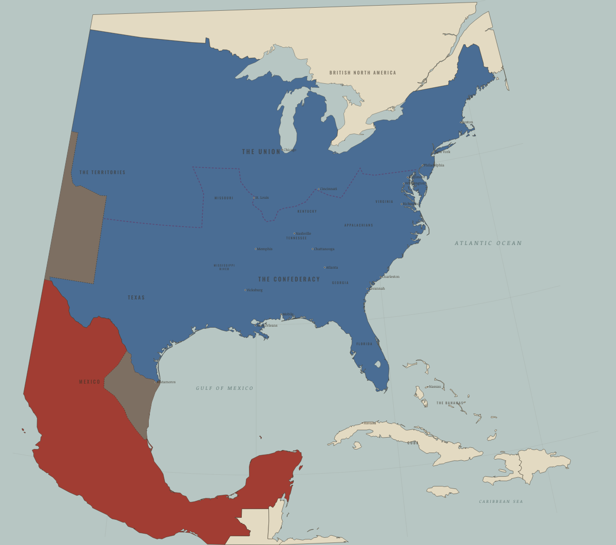 Map of the United States in December 1846: Santa Fe, California, Monterrey. Colours show The Union, Mexico, 1840–54.
