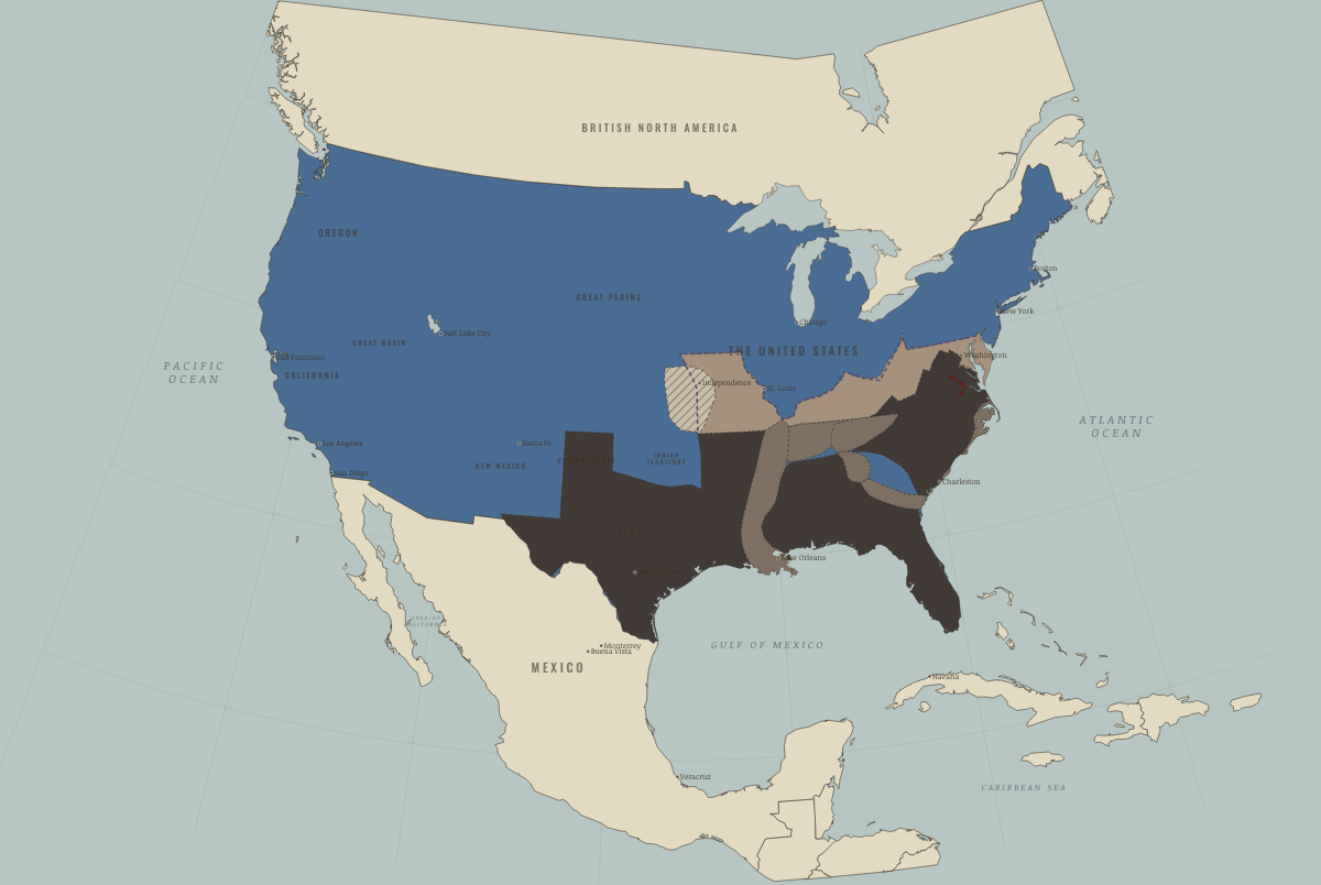 Map of North America in December 1864 (Civil War): The March to the Sea — and Nashville. Colours show The Union.