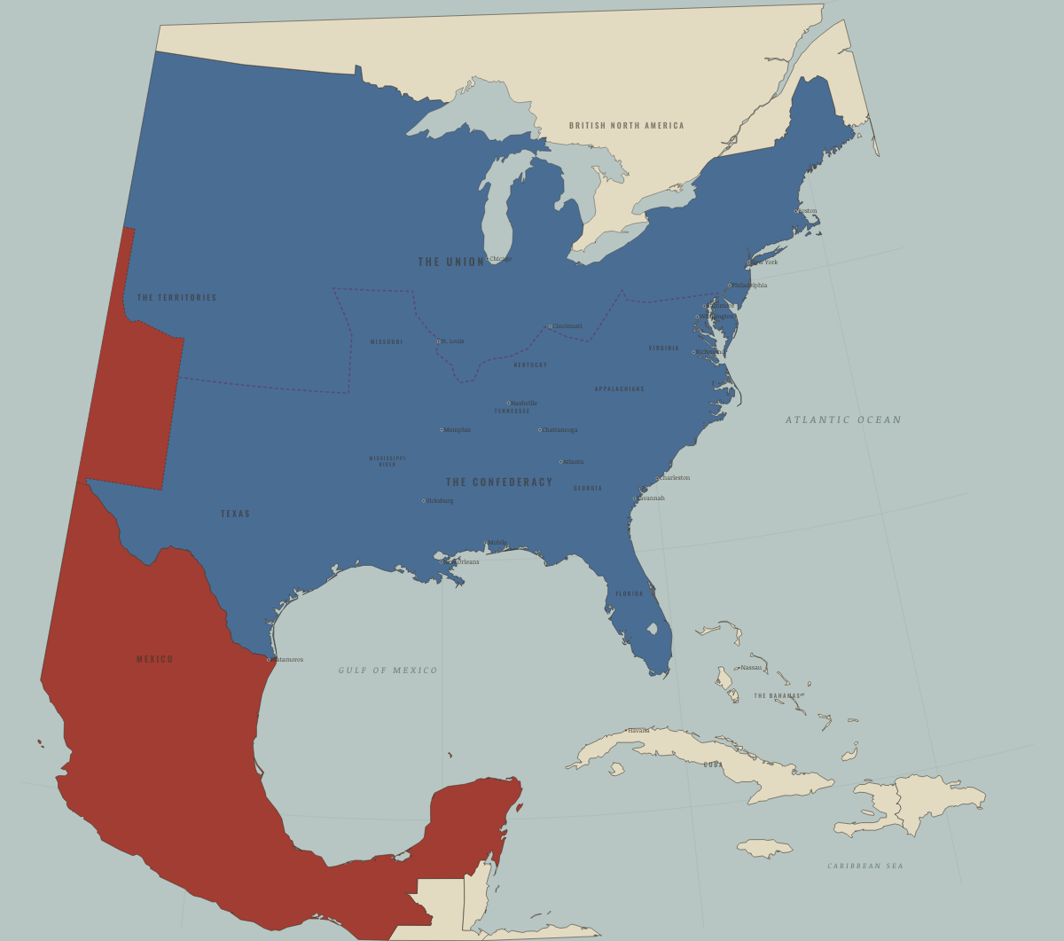 Map of the United States in June 1846: War with Mexico; Oregon divided. Colours show The Union, Mexico, 1840–54.