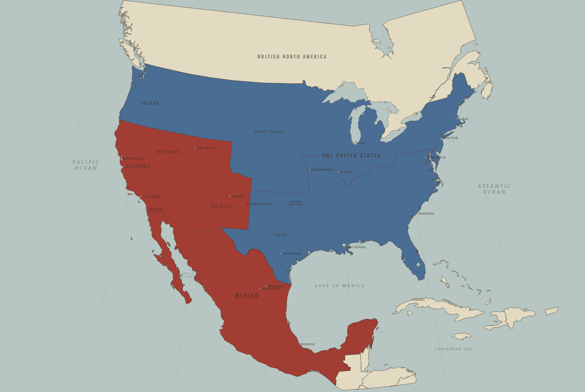 Map of North America in June 1846: War with Mexico; Oregon divided. Colours show The Union, Mexico, 1840–54.