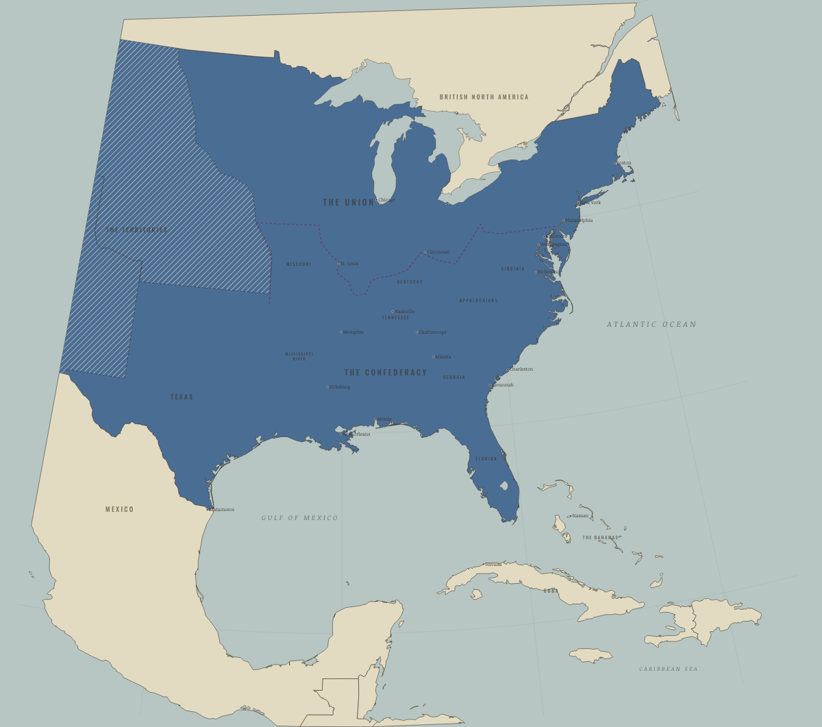 Map of the United States in June 1854: Gadsden and Kansas–Nebraska. Colours show The Union.