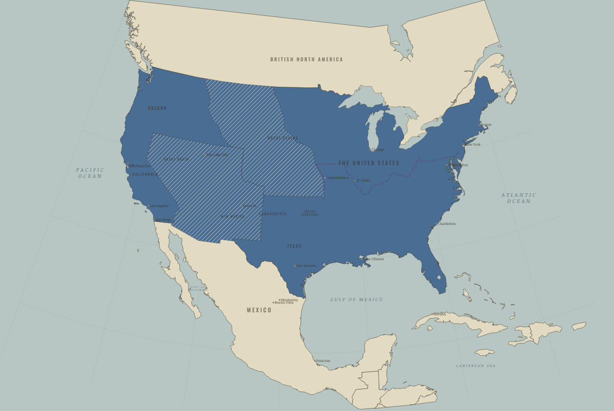 Map of North America in June 1854: Gadsden and Kansas–Nebraska. Colours show The Union.