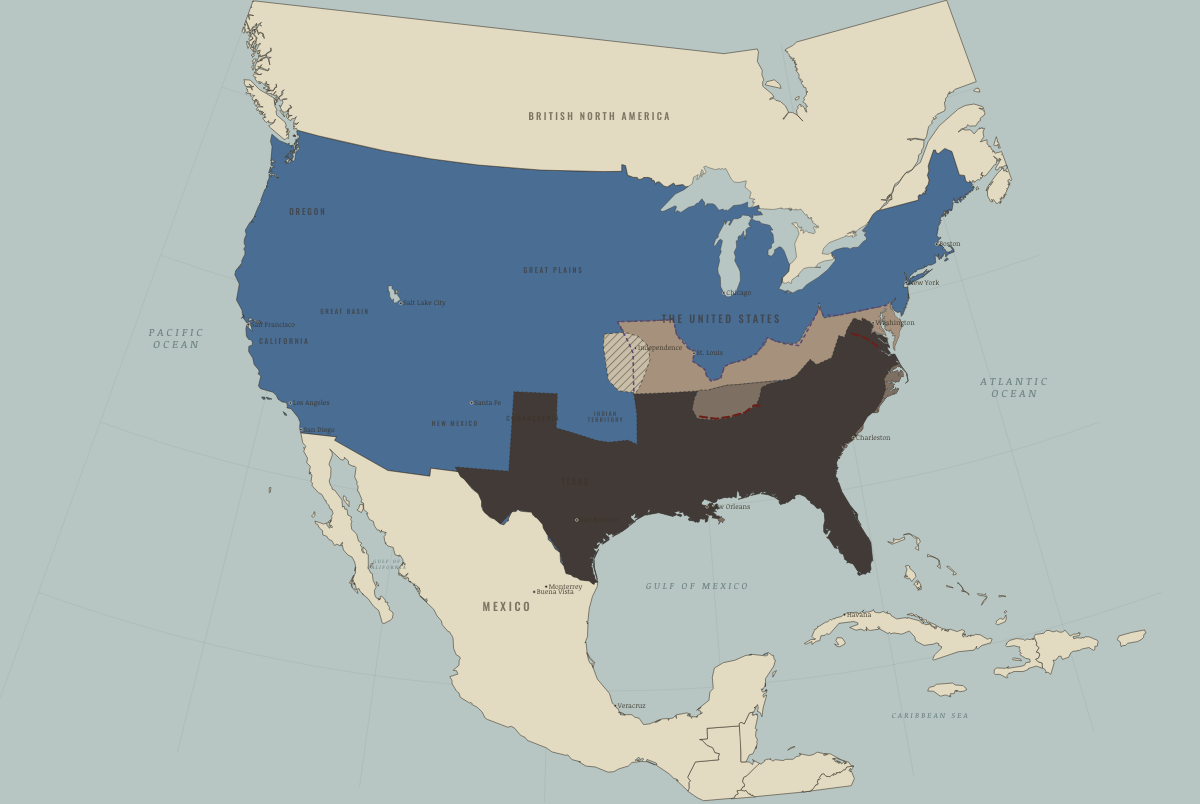 Map of North America in June 1862 (Civil War): New Orleans and Memphis fall. Colours show The Union.