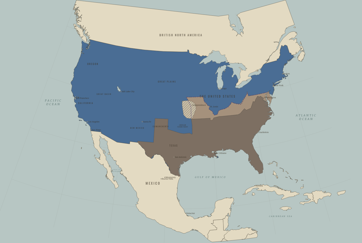 Map of North America in May 1865 (Civil War): The last surrenders. Colours show The Union.