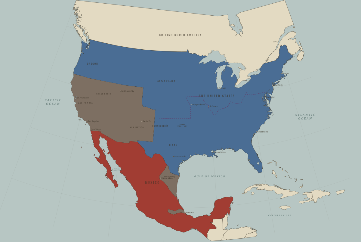 Map of North America in September 1847: Mexico City falls. Colours show The Union, Mexico, 1840–54.