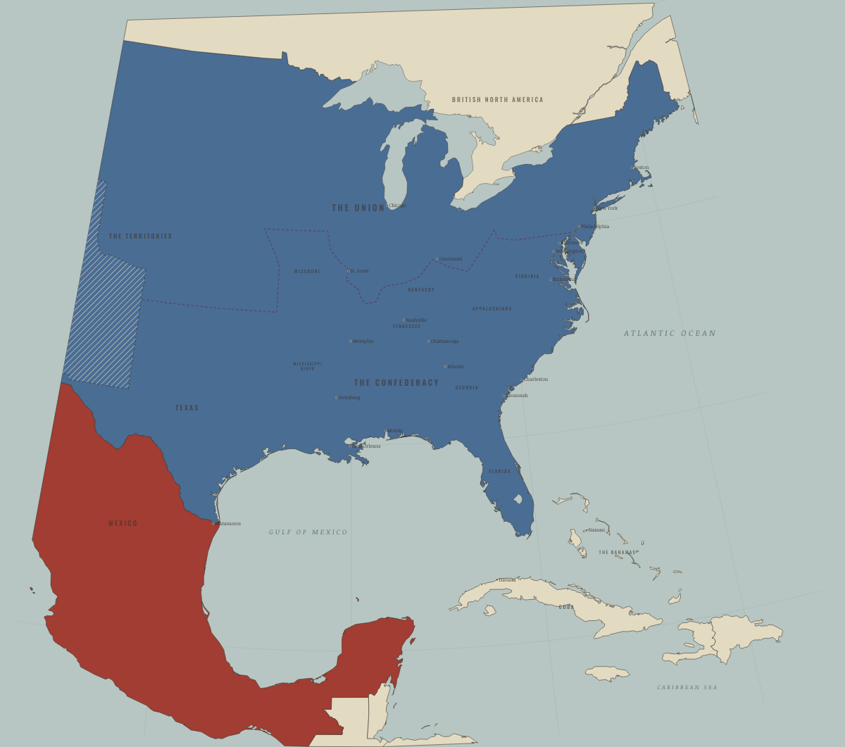 Map of the United States in September 1850: The Compromise of 1850. Colours show The Union, Mexico, 1840–54.