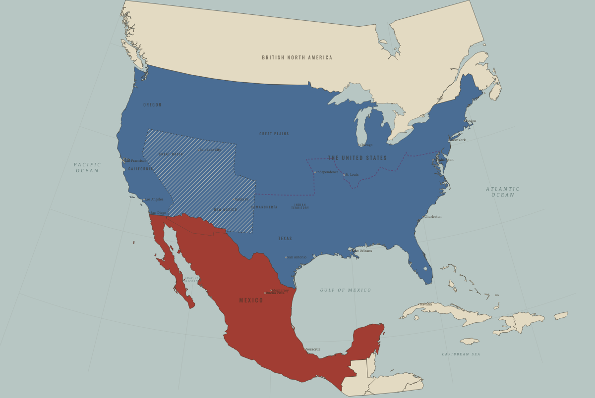 Map of North America in September 1850: The Compromise of 1850. Colours show The Union, Mexico, 1840–54.