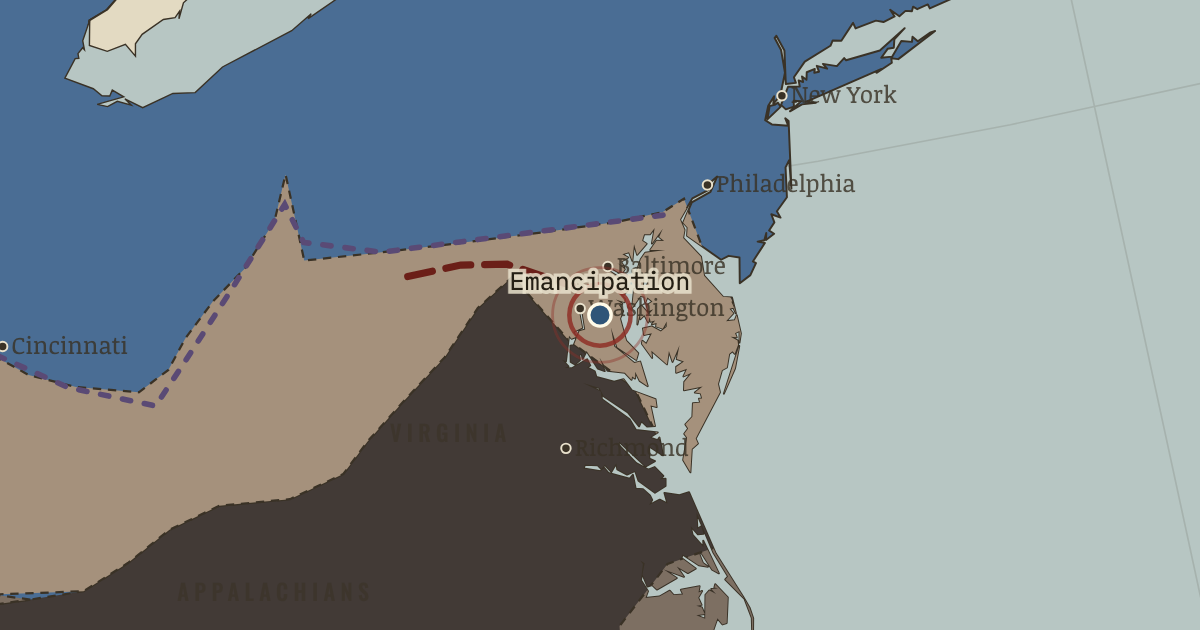 Map showing The Emancipation Proclamation — The American Civil War, 1861–1865