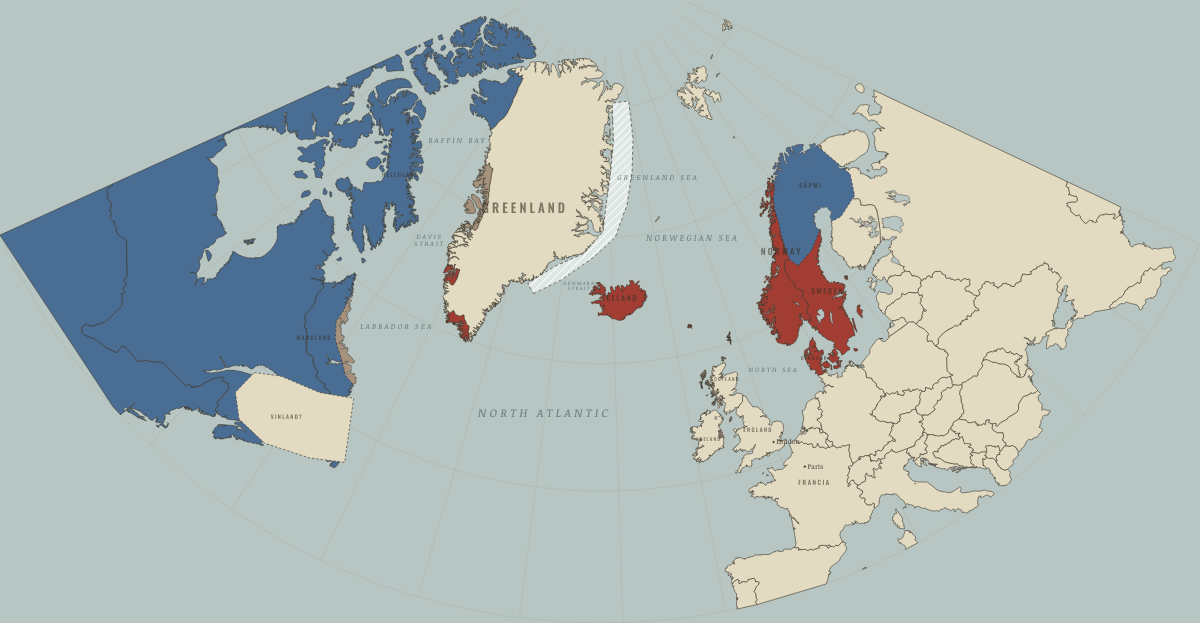 Map of the Norse North Atlantic in 1021: Vinland: wood felled at L’Anse aux Meadows. Colours show Norse homelands & settlements, Indigenous peoples of the North, Norse-ruled overseas lands.