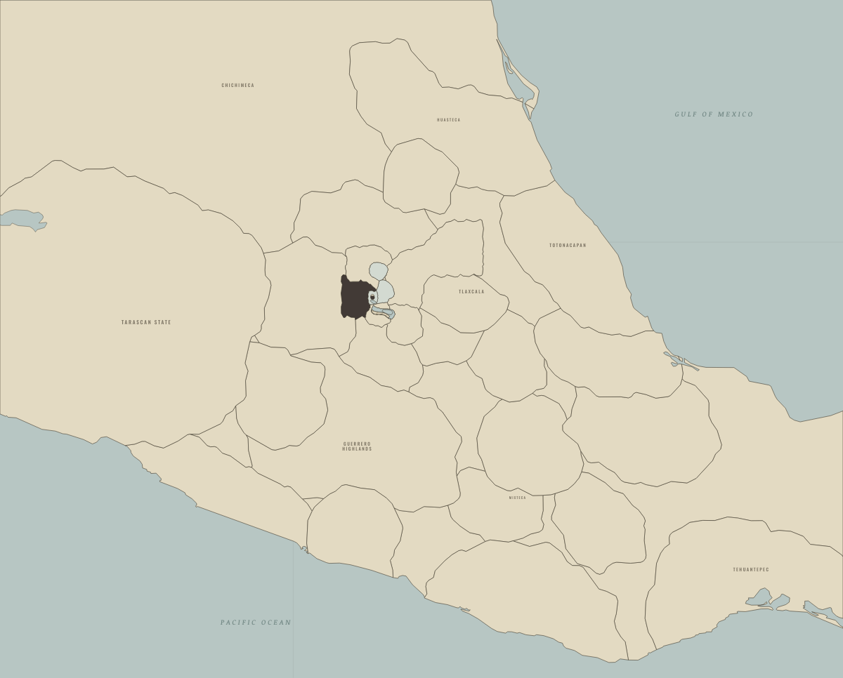Map of Mesoamerica in 1325: Tenochtitlan founded on an island of the lake. Colours show Fresh or freshened lake water, Saline lake water, Tepanec empire of Azcapotzalco (to 1428).
