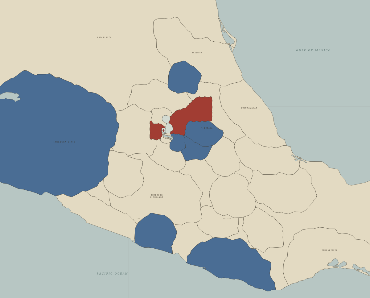 Map of the Aztec Empire in 1428: The Tepanec War and the Triple Alliance. Colours show Independent of or opposed to the Triple Alliance, Triple Alliance core, Fresh or freshened lake water.