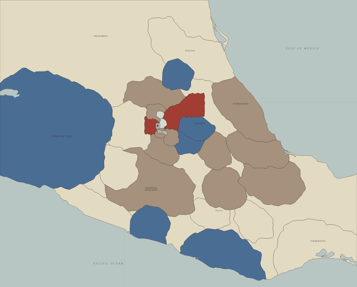 Map of the Aztec Empire in 1469: Moctezuma I’s empire reaches the Gulf coast. Colours show Tributary provinces of the Triple Alliance, Independent of or opposed to the Triple Alliance, Triple Alliance core.