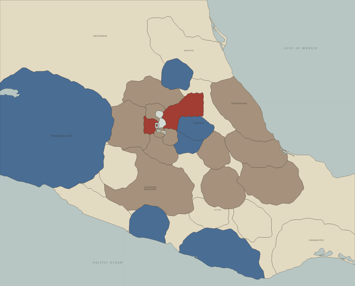 Map of the Aztec Empire in 1481: Axayacatl takes Tlatelolco and the Toluca valley. Colours show Tributary provinces of the Triple Alliance, Independent of or opposed to the Triple Alliance, Triple Alliance core.