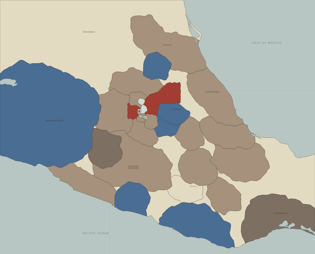 Map of the Aztec Empire in 1499: Ahuitzotl’s conquests — and the flood. Colours show Tributary provinces of the Triple Alliance, Independent of or opposed to the Triple Alliance, Triple Alliance core.