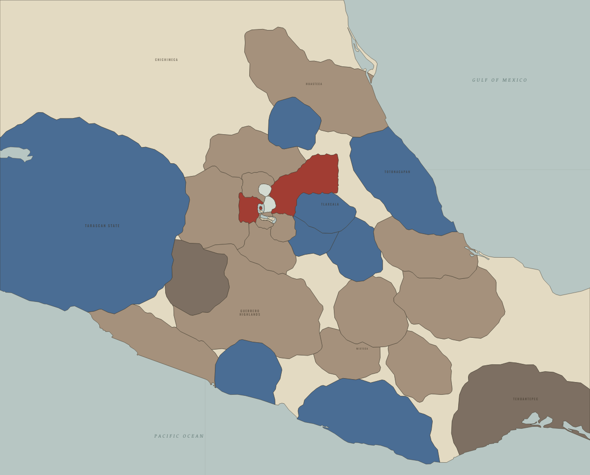 Map of the Aztec Empire in 1520: The Noche Triste, smallpox and Tepeacac lost. Colours show Tributary provinces of the Triple Alliance, Independent of or opposed to the Triple Alliance, Triple Alliance core.