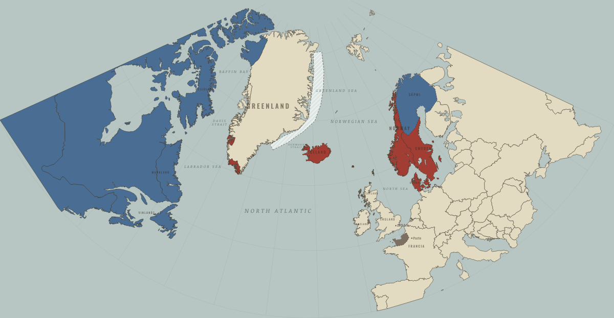 Map of the Norse North Atlantic in 985–86: Greenland settled. Colours show Norse homelands & settlements, Indigenous peoples of the North, Norse-ruled overseas lands.