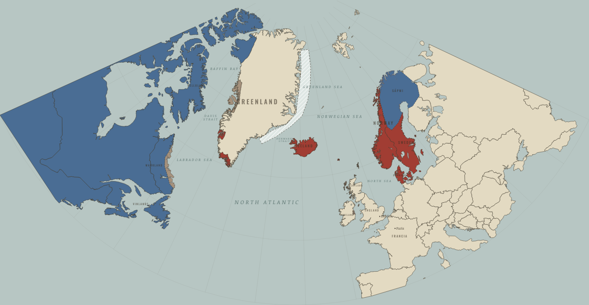 Map of the Norse North Atlantic around 1050: Vinland abandoned. Colours show Norse homelands & settlements, Indigenous peoples of the North, Norse-ruled overseas lands.