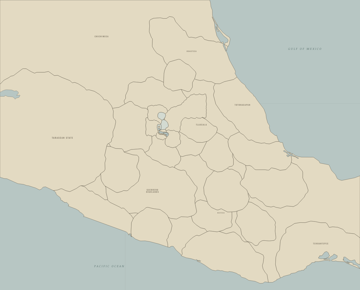 Map of Mesoamerica around 1150: The basin before the Mexica, after Tula’s fall. Colours show Fresh or freshened lake water, Saline lake water, Chinampa fields.