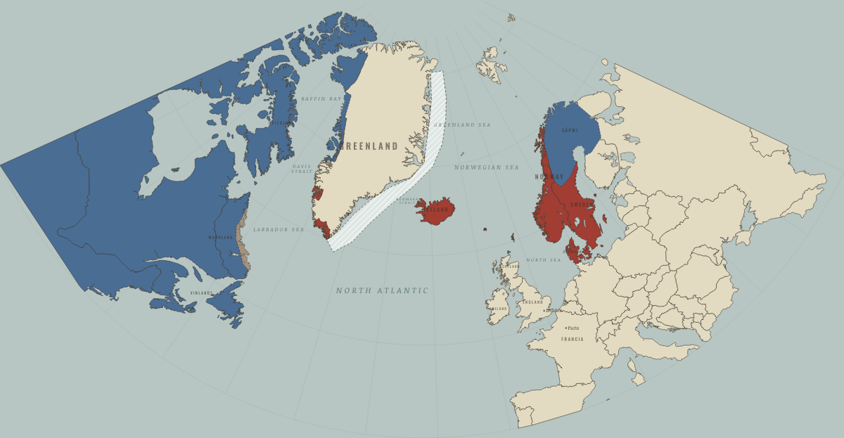 Map of the Norse North Atlantic around 1300: The cold arrives; the Inuit reach Disko Bay. Colours show Norse homelands & settlements, Indigenous peoples of the North, Norse-ruled overseas lands.